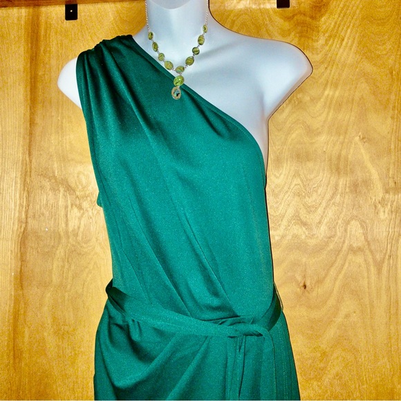 One Shoulder Sleeveless Lace Dress With Sash Dark Green